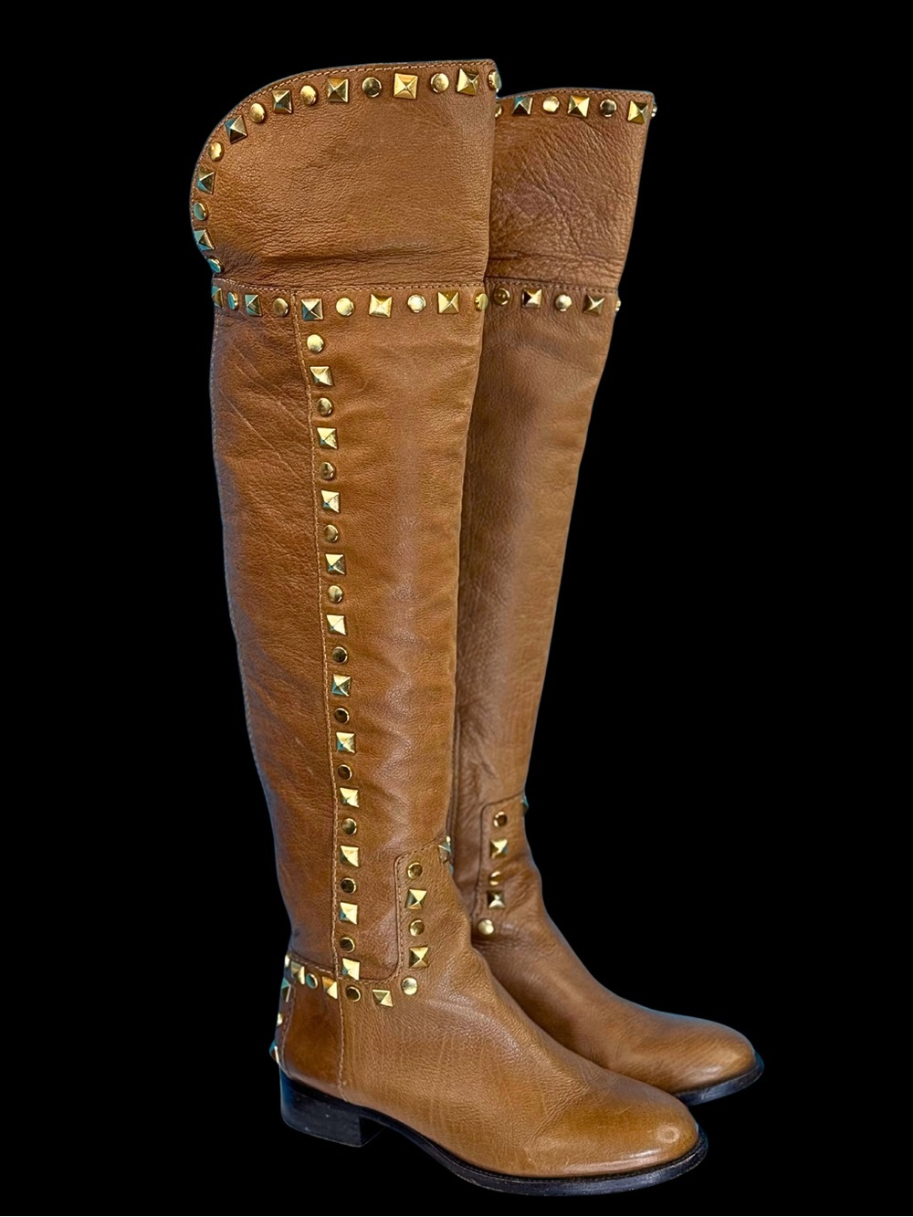 Tory Burch “Rhett” Tan Leather Over-the-Knee Riding Boots with Gold Studs | 7